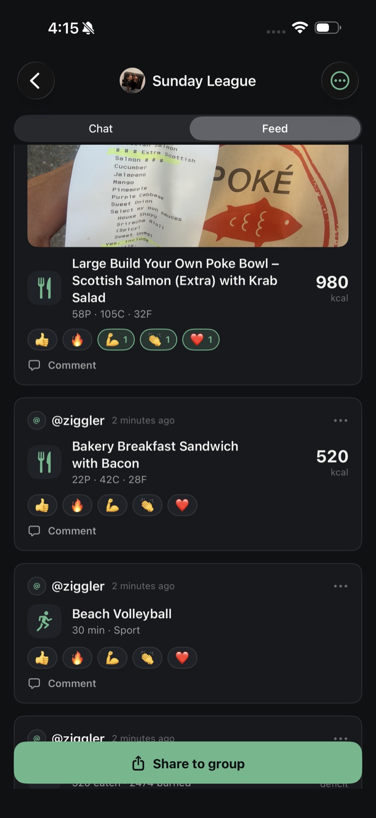 MinervaOS Groups feed: friends sharing meals and workouts with reactions