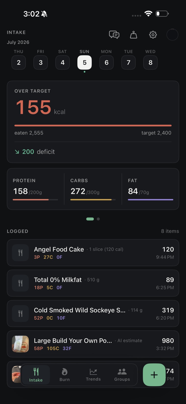 MinervaOS intake dashboard with calorie and macro targets