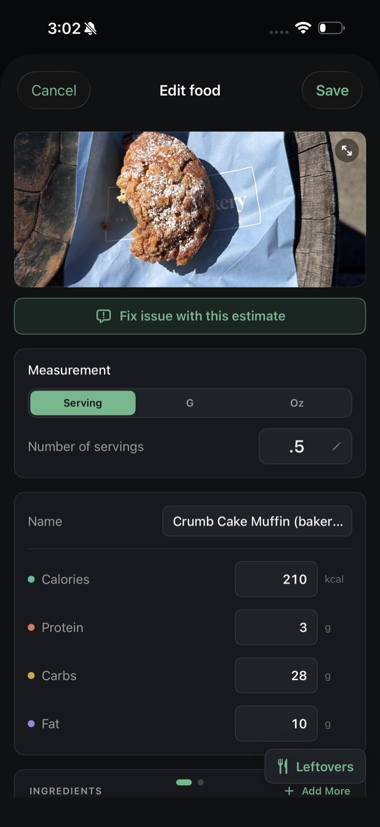 MinervaOS photo scan of a meal with estimated calories and macros